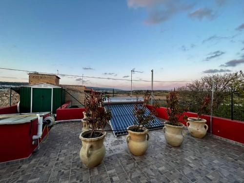 un groupe de pots avec des plantes à l'intérieur sur un balcon dans l'établissement Casa Vacanze Marina di Ragusa Il Gufo e La Civetta apt, à Marina di Ragusa