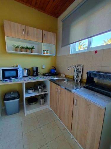 a kitchen with a sink and a microwave at Spasmata Village- Adults Only Houses Full Sea View Near Beach Quiet Escape in Minia