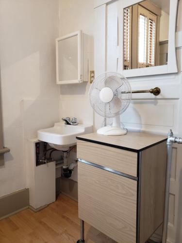 a bathroom with a sink and a fan on a dresser at St. Clair Hotel Hostel in Vancouver