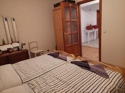 a bedroom with a bed with a dresser and a mirror at Patak Üdülőház (Ferienhaus) in Nagyvisnyó