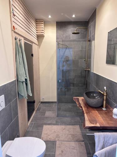 y baño con ducha acristalada y lavamanos. en Ferienhaus 2-6 Pers Europa Feriendorf neu renoviert mit Sauna, en Husen