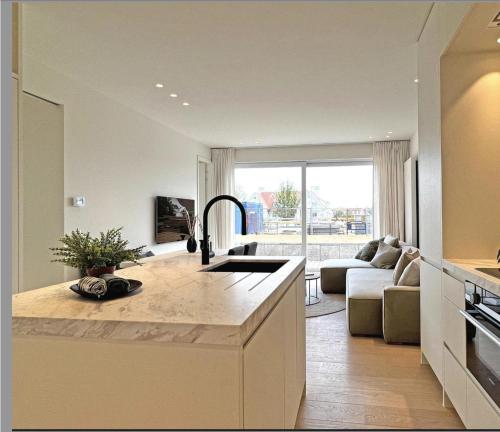 Il comprend une cuisine avec un évier et un salon. dans l'établissement Zoute - Lovely ground floor app., à Knokke-Heist