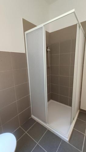 a shower with a glass door in a bathroom at Apartmány Javorník in Javorník