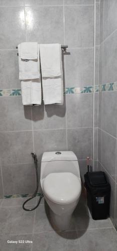 a bathroom with a white toilet and towels at CHUE&LARRY'S BEACHSIDE HOMESTAY in Libagon