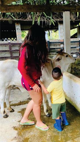 a woman and a child petting a cow at A Paz e Energia do Rodeadouro in Bonito