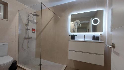 uma casa de banho com um chuveiro, um lavatório e um WC. em Villa Santos em São Gregório