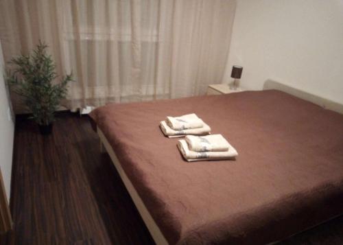 um quarto de hotel com uma cama com toalhas em "Kurhause" namai em Klaipėda