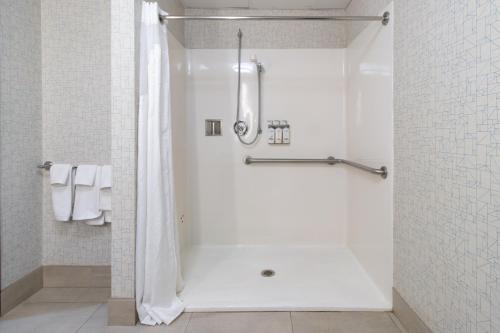 a bathroom with a shower with a shower curtain at Holiday Inn Express Hotel & Suites Swansea, an IHG Hotel in Swansea