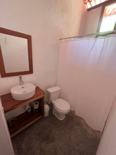 La salle de bains est pourvue de toilettes, d'un lavabo et d'un miroir. dans l'établissement Casa Magdalena, à Huehuetán
