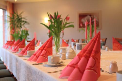 a long table with red napkins on top of it at Waldhotel zum Bergsee Damme in Damme