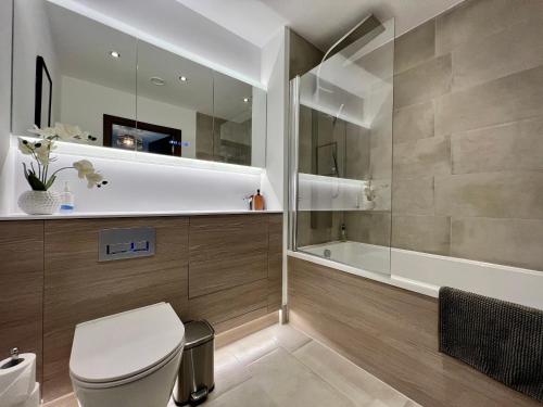 a bathroom with a toilet and a bath tub at Walnut Tree Penthouse Next to Train Station in Cambridge