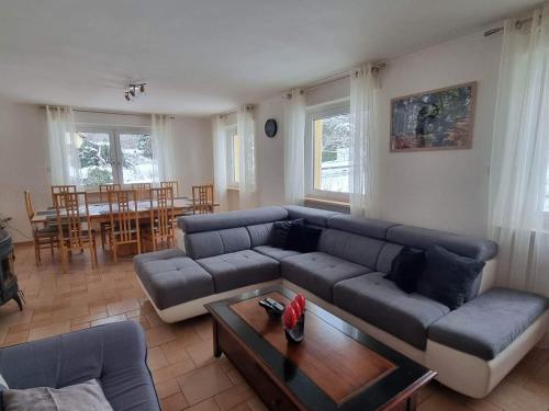 un salon avec un canapé et une table dans l'établissement Maison spacieuse avec terrasse, près de Saint-Dié, idéale pour randonnées et proche de l'Alsace - FR-1-589-464, à La Bourgonce