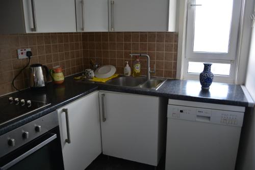 eine Küche mit einer Spüle und einer Arbeitsplatte in der Unterkunft Elkington Point in London