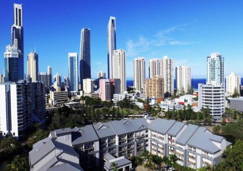 an aerial view of a city with tall buildings at Paradise Island Resort Surfers Paradise - Garden Suite in Gold Coast
