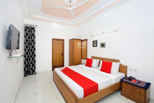 a bedroom with a bed with red pillows and a tv at Hotel Queensland in Amritsar