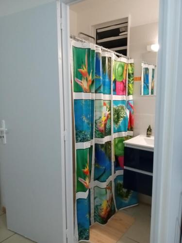 uma casa de banho com uma cortina de chuveiro e um lavatório. em Relax Time Dumanoir em Capesterre-Belle-Eau