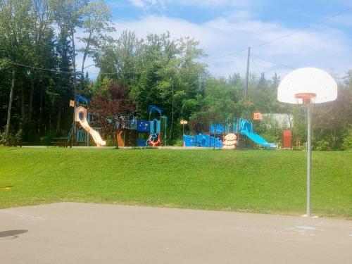 a playground with a basketball hoop in a park at Chalet Mathis in Saint-Raymond