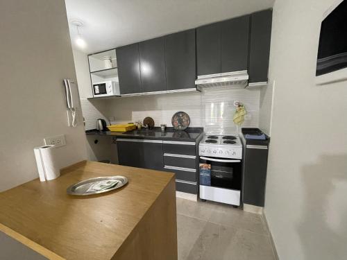 a kitchen with black cabinets and a white stove at Monoambiente centrico Plaza Belgrano in San Salvador de Jujuy
