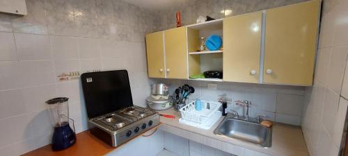 a small kitchen with a sink and a stove at Posada N Seaflower Lodge 2 in San Andrés