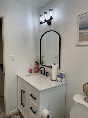 a bathroom with a sink and a mirror at Sanford Lake Mary Quiet Rooms in Sanford