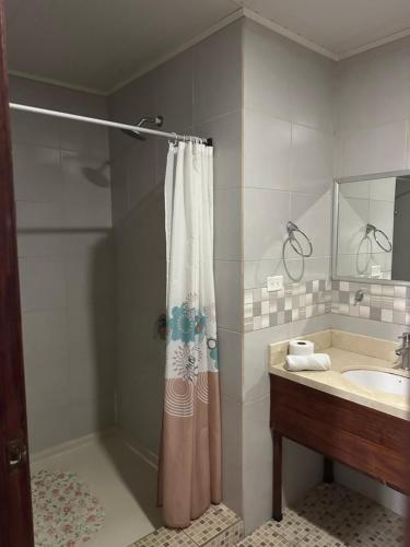 y baño con cortina de ducha y lavamanos. en Hotel Pacande B&B en Alajuela