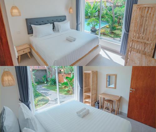 two pictures of a bedroom with a bed and a window at Odika Lovina Villas in Lovina