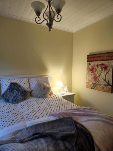 1 dormitorio con 1 cama con lámpara y una pintura en Jo’s Farmhouse B&B, en Geeveston