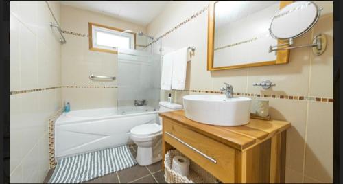 a bathroom with a sink and a toilet and a mirror at Marbella Juan dolio beach front luxury apartment in Juan Dolio