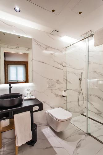 a bathroom with a toilet and a glass shower at Hotel Plaza Obradoiro by Bossh! Hotels in Santiago de Compostela