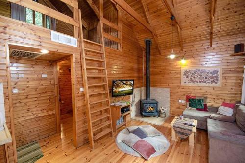 a living room with a fireplace in a wooden cabin at משק חפר - בקתות כפריות עם פרטיות מלאה - כולל שעה של טיול רנג'ר זוגי עצמאי in Abirim