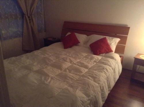 a bedroom with a white bed with two red pillows at Capital in Santiago