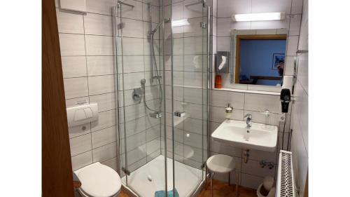 a bathroom with a shower and a toilet and a sink at Hotel Adler mit Gasthaus in Haßmersheim