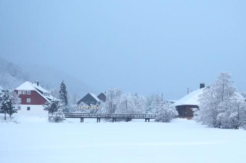 wioska pokryta śniegiem z czerwonym domem i drzewami w obiekcie "Schwalbennest" LUXUS-FEWO Sauna Schwimmbad nebenan Biosphären Wandergebiet w mieście Menzenschwand-Hinterdorf