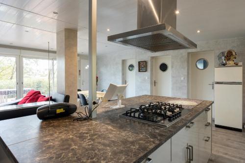 une cuisine avec une cuisinière et un comptoir dans l'établissement Natura - En pleine nature proche Disneyland, à Montry