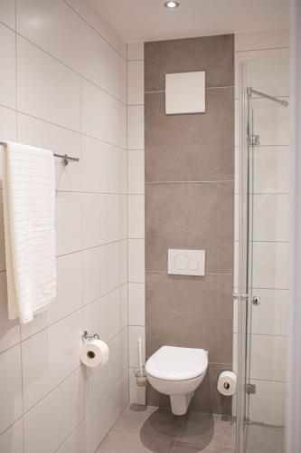 a bathroom with a toilet and a glass shower at Boardinghouse Lingen in Lingen