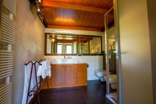 een badkamer met een wastafel, een toilet en een spiegel bij Sa Domo e Giuanne e Giuanna in Bosa