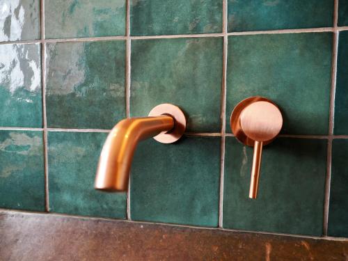 a green tiled wall with a faucet on a wall at Vakantiehuis Noflik Nijemirdum in Nijemirdum