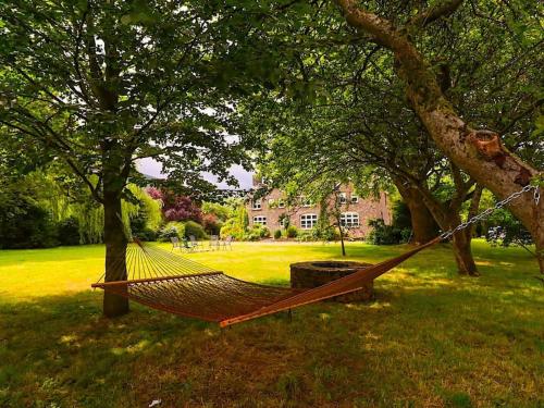 a hammock hanging from a tree in a park at Beautiful 5 bedroom house with hot tub & fire pit in Abergavenny