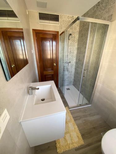 a bathroom with a white sink and a shower at Casa Teresa in Redondela