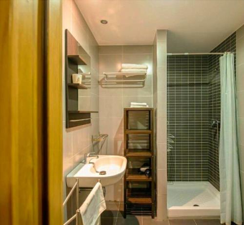 a bathroom with a sink and a shower and a sink at Apartamentos Camparina in Llanes