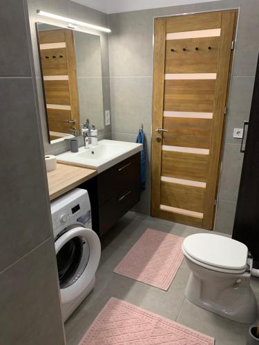 ein Badezimmer mit einem WC, einem Waschbecken und einer Waschmaschine in der Unterkunft BEAUTY APARTMAN CORVIN in Budapest