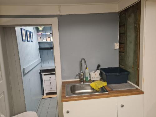 a kitchen with a sink in a tiny house at Lite hus ved sjøen 