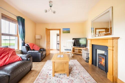 sala de estar con sofá y chimenea en Bin Mountain Self Catering, en Castlederg