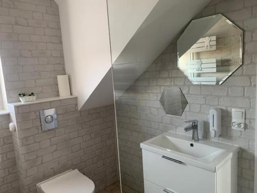 a bathroom with a toilet and a sink and a mirror at MAŁY PORT-Iława - Jezioro - Plaża - Marina priv - 5 pokoi VIP - czysto na 10 in Iława