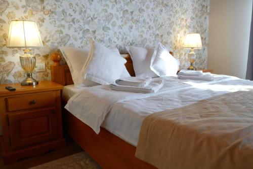 a bedroom with two beds with white sheets and two lamps at Villa Diva in Budureasa