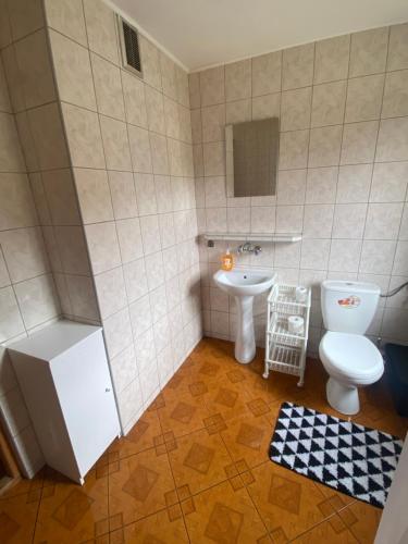 a bathroom with a toilet and a sink at Gunia Gesthouse in Łukta