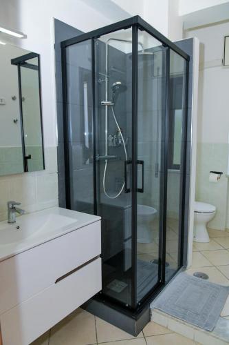 a bathroom with a shower with a sink and a toilet at B&B Damiani in Santa Maria di Castellabate