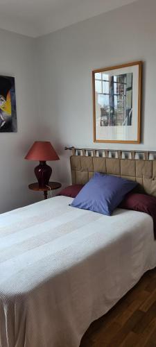 オセールにあるChambre privée chez particulierのベッドルーム(大きな白いベッド1台、ランプ付)