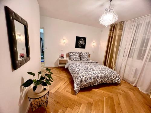 1 dormitorio con cama y espejo en la pared en Alexandru Home, en Boissy-Saint-Léger