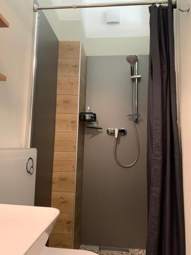 a shower with a glass door in a bathroom at Katharina Boardinghouse in Osnabrück
